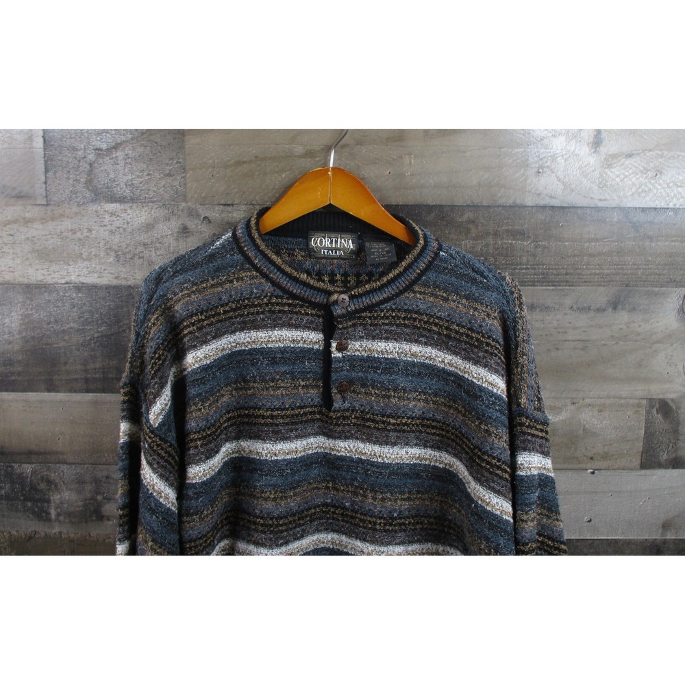 Cortina Italia Sweater Mens XL Blue Gray Striped Wool Blend Henley Made in Italy